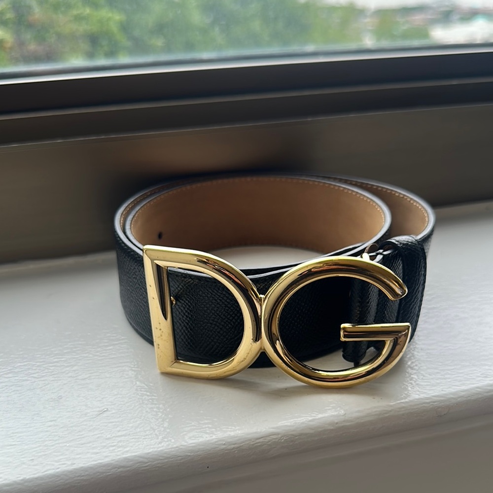 Black Leather Belt with Gold DG Buckle